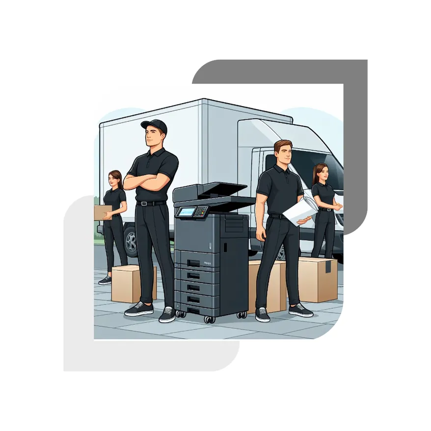 Delivery team with a photocopier and van, ready to install your rental copier
