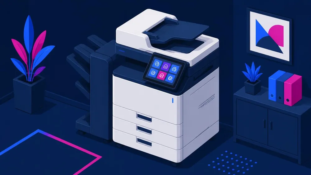Illustration of a modern office photocopier with a finisher, the kind of copier available for hire, rental and sale in South East Queensland